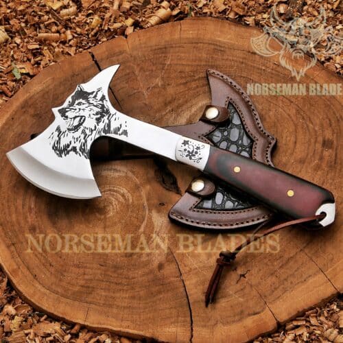 Multi-Functional Outdoor Steel Tool – ergonomic wood handle, stainless steel head, with protective leather cover, ideal for camping and outdoor use