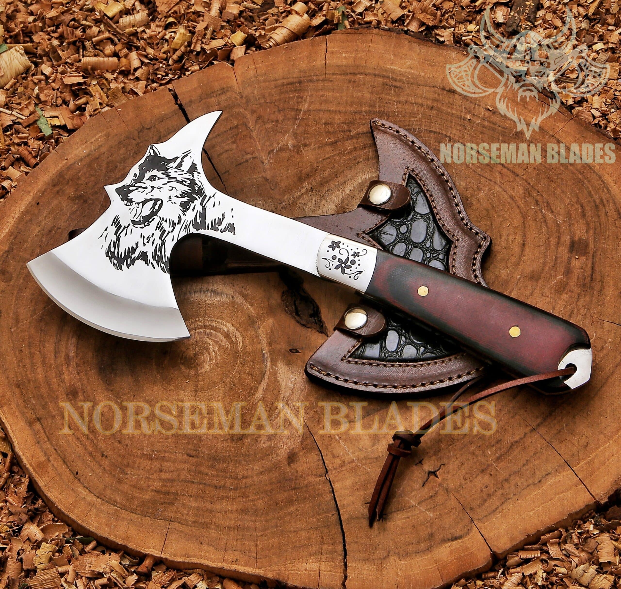 Multi-Functional Outdoor Steel Tool – ergonomic wood handle, stainless steel head, with protective leather cover, ideal for camping and outdoor use