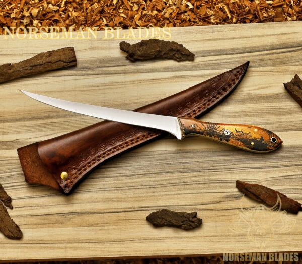 Handcrafted camel bone steel collectible with engraved fisherman handle and leather sheath