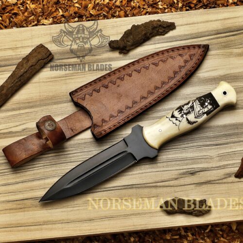 Handcrafted camel bone steel collectible with engraved handle, forged steel center, and leather cover