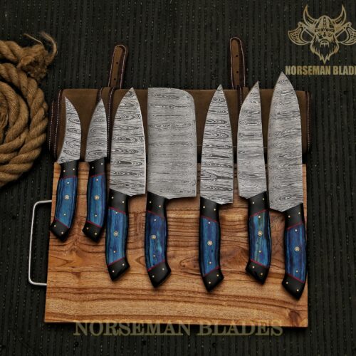 Handcrafted 7-piece Damascus Steel collectible display set with unique layered steel patterns