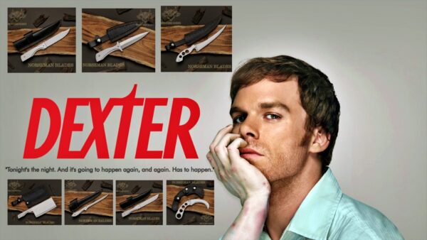 Close-up of Dexter TV show blood slide box and D2 steel knives